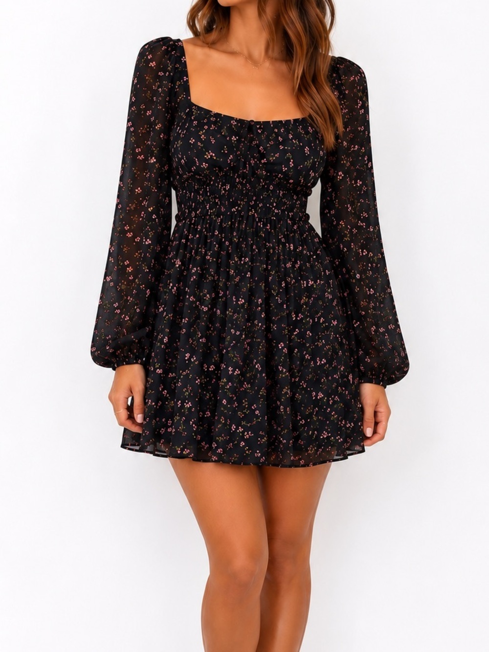 Lush Black Floral Mini Dress NWT Long Sleeve Ruffle Boho Babydoll Small